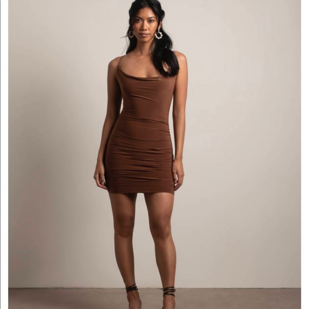 TOBI VAEA CHOCOLATE BROWN COWL NECK BODYCON DRESS